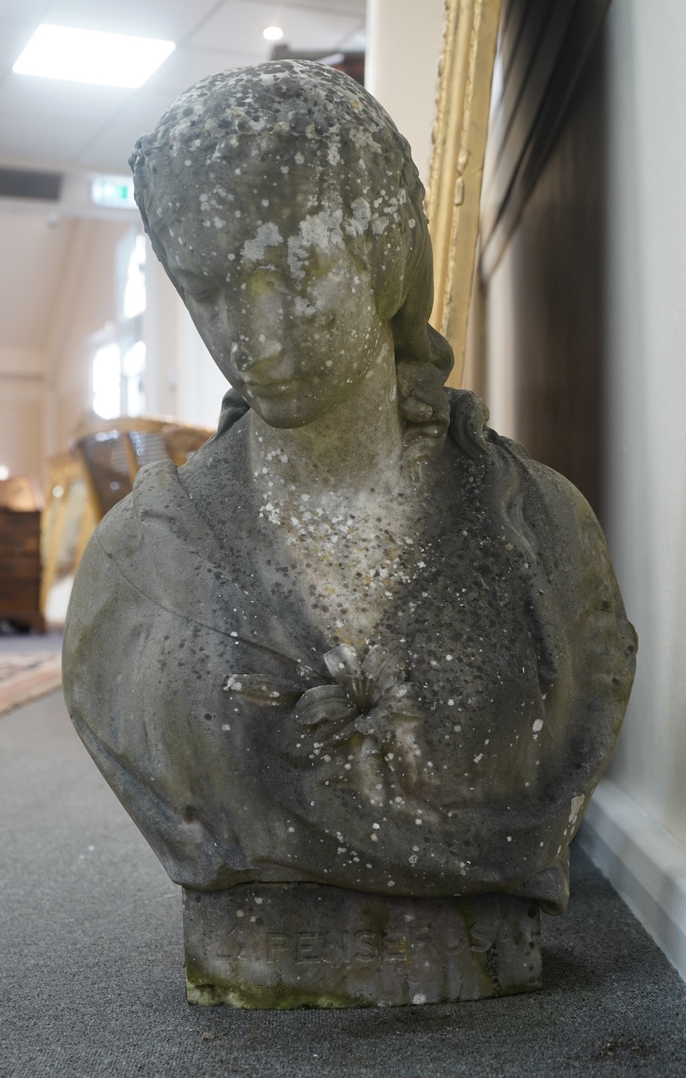 Joseph Durham (1814-77), ‘La Penserosa’, a weathered marble bust of a maiden